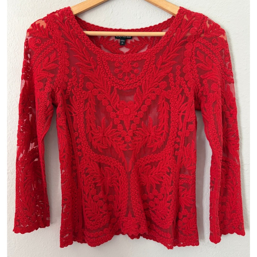Express Womens Red Sheer Embroidered Lace Top Small Coquette Boho Fairycore